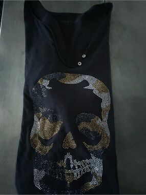 Zadig & Voltaire Black Long Sleeve Tee with Gold & Silver Skull Rhinestones